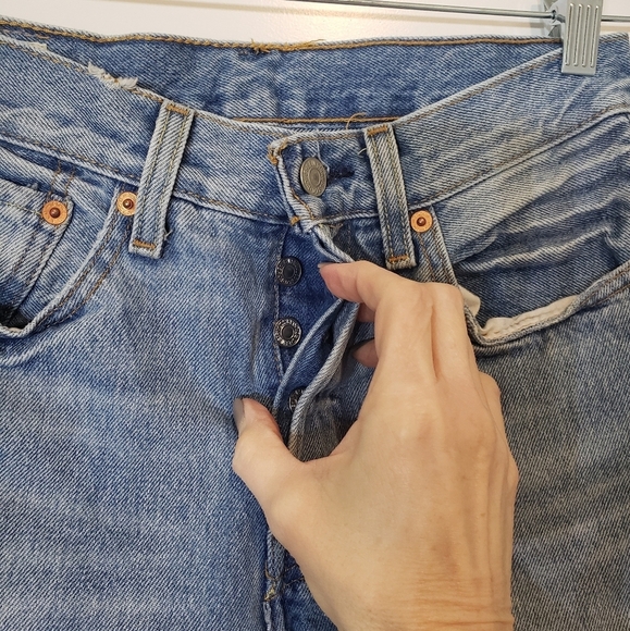 Levi's 501 Big E Premium  Vintage Button Fly  Distressed  Blue Jeans  Sz 25 X 28 - Picture 6 of 16